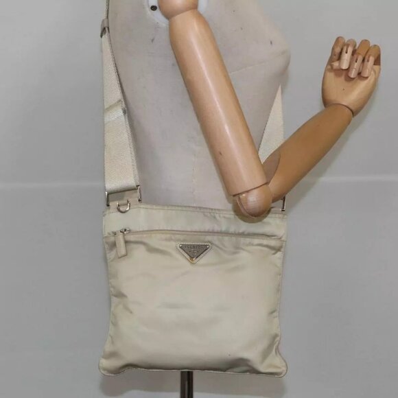 PRADA Shoulder Bag Nylon Beige Silver Auth 1 - Picture 1 of 16